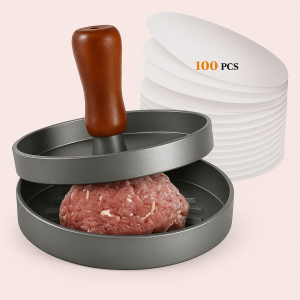 Skab perfekte bøffer med burgerpresser i sølv og brun, metal og træ