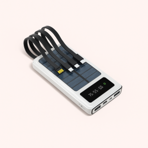 Solcelle powerbank med 20000 mAh kapacitet, 4 kabler og LED-display - Hvid, Sort