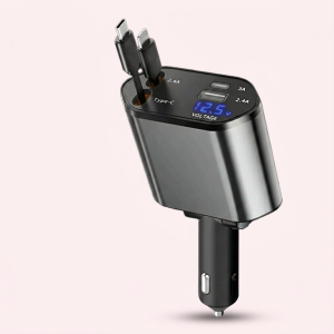 Udtrækkelig mobiloplader til bilen i Sort og Sølvgrå med Hurtig Opladning og Batterispændingsdisplay - Bilpleje & Vedligeholdelse product image