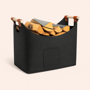 Brændekurv i Filtdesign - Mørkegrå Filt med Læderdetaljer til Moderne Opbevaring