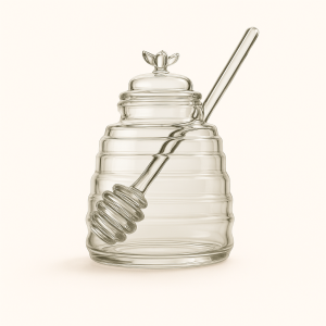 Gennemsigtig honningkrukke med låg og ske - Klassisk og elegant glasdesign