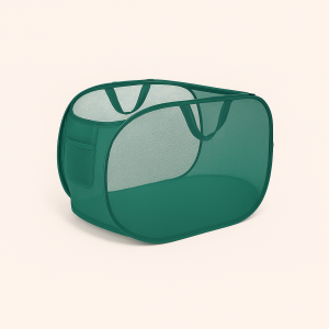 Vasketøjskurv Moderne Mesh Design - Mørkegrøn & Sort, Let og Pladsbesparende