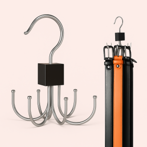 Bælteholder med 8 Krom Kroge i Krom og Sort - Elegant Design til Garderobe