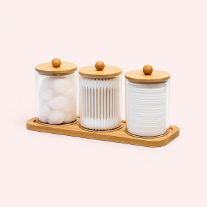 Vatpindebeholder i klar akryl med bambuslåg – til vatpinde & rondeller