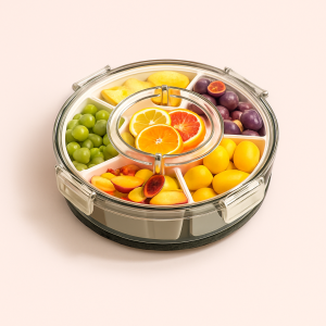 Drejeskål med 6 rum og låg i gennemsigtig plastik - Funktionelt design til moderne køkken