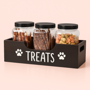 Godbid holder i sort træ og plastik - Organisering og fugtbeskyttelse